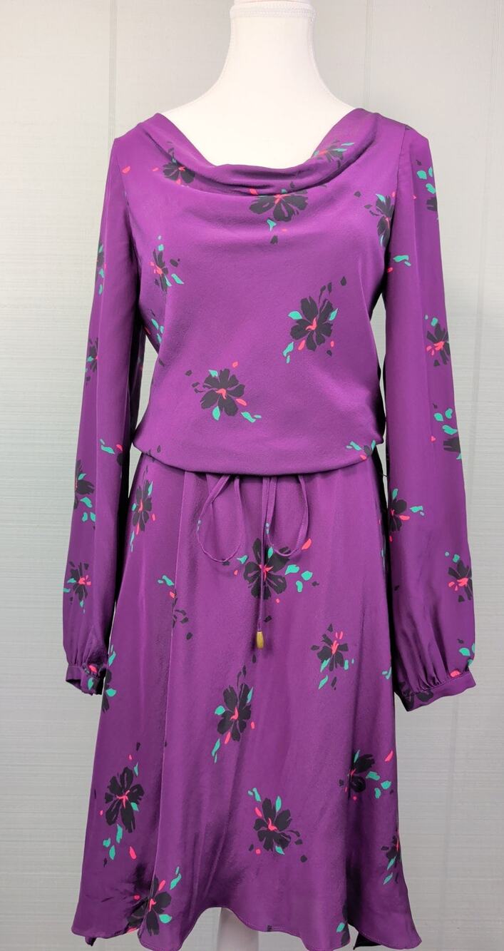 Primrose Purple Midi Silk Dress XS Drawstring Waist Hi-Low Hemline Floral NWT